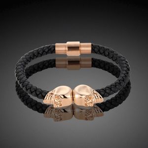 NEW Genuine Black Leather Rose Gold Skull Bracelet